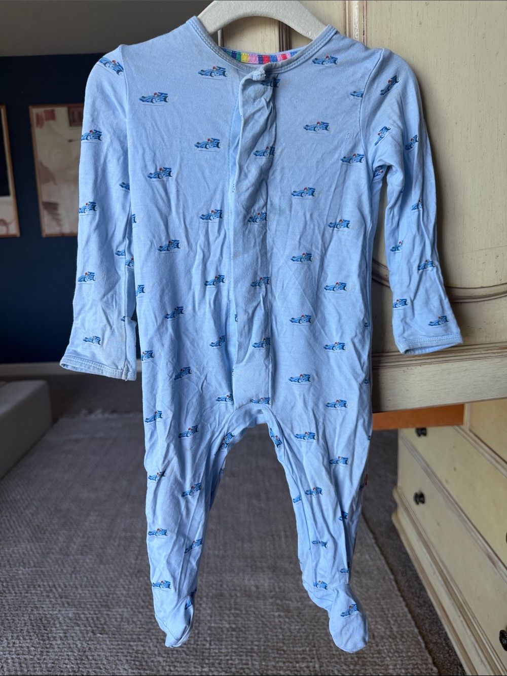 Magnetic Me Light Blue Footed Baby One-Piece with Small Navy Print